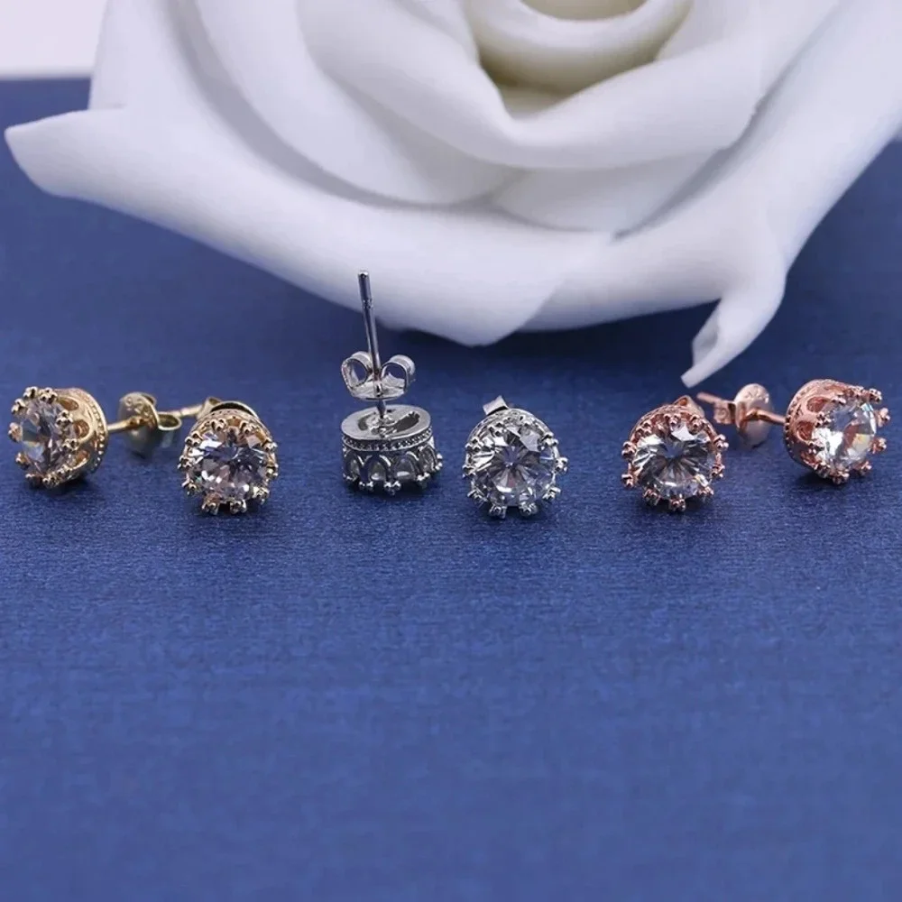 NEW 3 ctw 18k White Gold S925 Crown Stud Diamond Simulate‎ Earrings